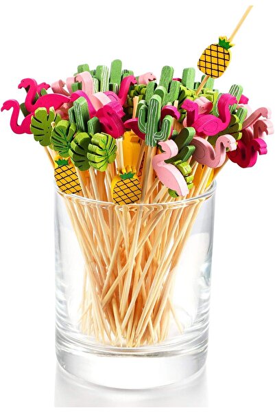 Generic 100 PCS Tropical Appetizer Picks Bamboo Cocktail Toothpicks Flamingo Pineapple Palm Leaf Cactus
