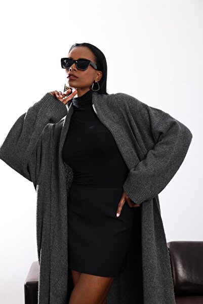 5in1Canpolat Anthracite Shawl Collar Maxi Length Cardigan 2310006