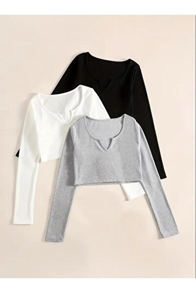MİLYA&GYM Women's 3-Pack Cotton Body-Hugging Corded Fabric Fabric V-Neck Long...