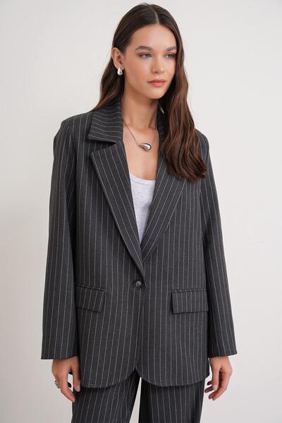 Mixray 4753 Women's Striped Oversized Blazer Jacket Anthracite