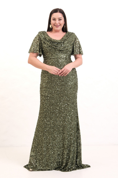 Lafaba Women's Khaki Degaje Collar Sequin Plus Size Long Evening Dress