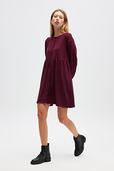 Peraluna Leah Shirred Buttoned Mini Knit Shirt Dress - Burgundy
