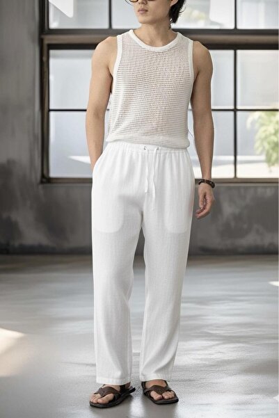 NO 601 Men's White Linen Muslin Blend Wide Leg Trousers