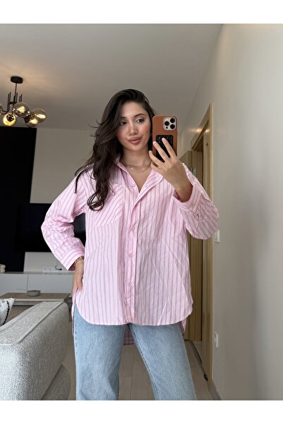 Ayça Yaşar PEMBE BEYAZ ÇİZGİLİ OVERSIZE GÖMLEK