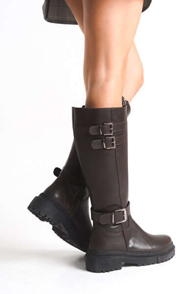 Ayakkabı Delisiyim Καφέ Δερμάτινες Γυναικείες Μπότες Αντιολισθητική Σόλα με φερμουάρ Emy