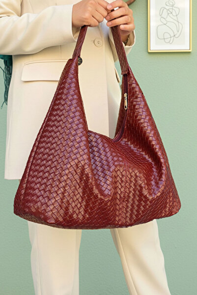 Lifonbag حقيبة كتف ويد نسائية منقوشة باللون العنابي (30×25 سم)