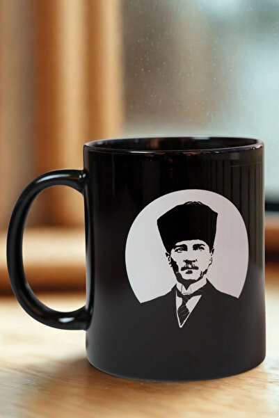 Ahinur Mutfak Atatürk with Love Black Porcelain Mug, Special Design Portrait Heart Printed 330 ml