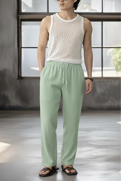 stg spor toptan giyim Men's Green Linen Muslin Wide-Leg Trousers