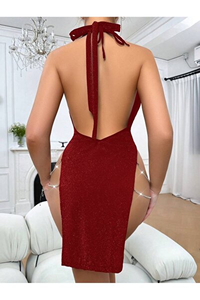 SiaLess Lingerie Women's Burgundy Glitter Fabric Chain Detailed Deep V Neck Side Slit Dress