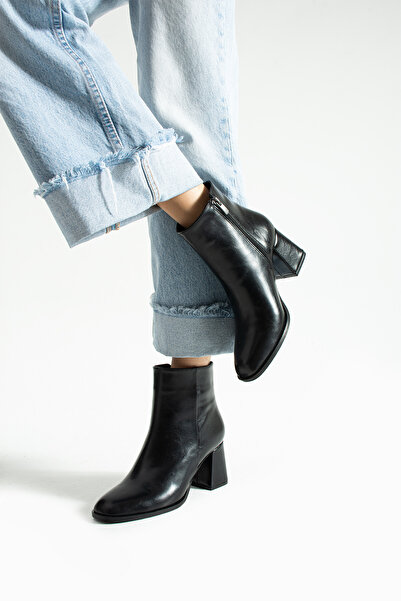 Güllü Shoes Siyah Suni Deri Kısa Bilekli Topuklu Bot – Kalın Topuklu Fermuarlı Şık Günlük Kadın Ayakkabı