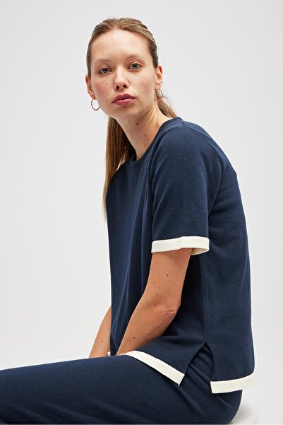 Peraluna Rumi Women's Knitwear Side Slit Cotton Blouse - Navy Blue