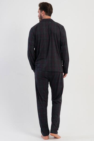 VİENETTA Men's Smoked Long Sleeve Front Button Shirt Collar Plaid Pattern Pajama Set C2T1N1305
