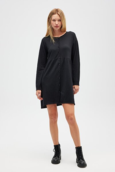 Peraluna Leah Shirred Buttoned Mini Knit Shirt Dress - Black