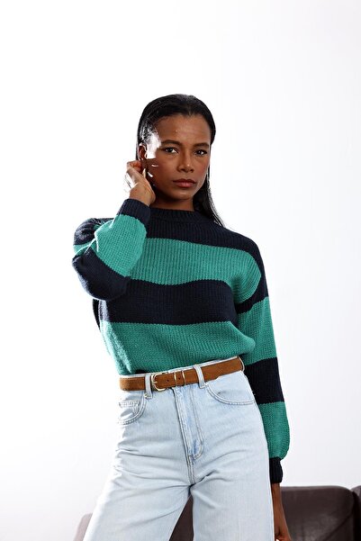 5in1Canpolat Navy Blue Striped Vintage Sweater