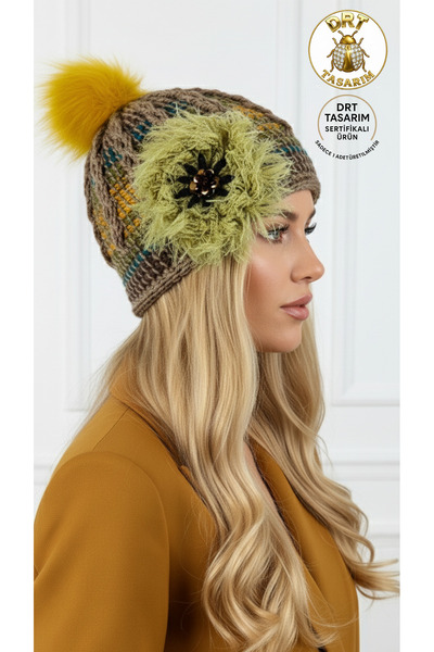 drt tasarım Beret Earth Tones with Pompom and Plush Trim