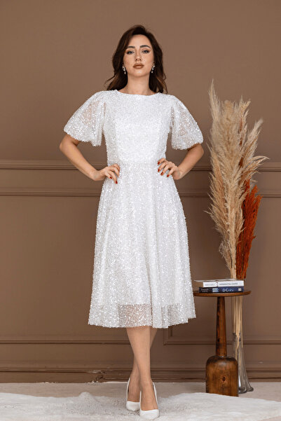 BEYBOS Pul Payet Kumaş Midi Boy Elbise - BEYAZ