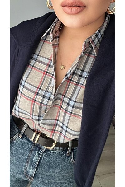 Oslove Beige-Navy Blue Plaid Lumberjack Shirt