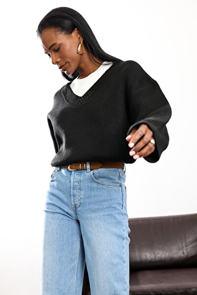 5in1Canpolat Black Plain Knit V-Neck Sweater 92623