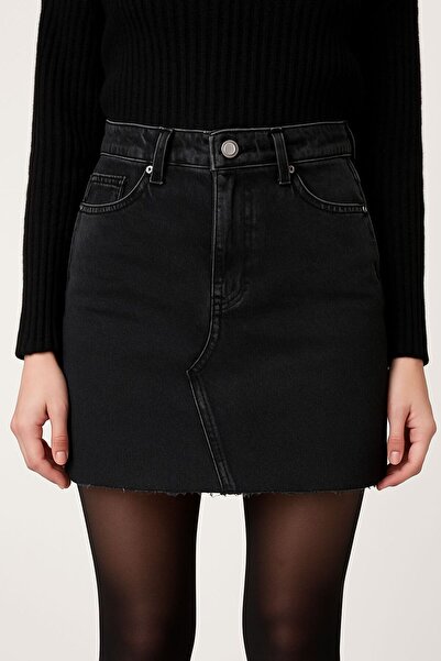 Dema Kadın Denim Yüksek Bel Etek Ucu Kesikli Mini Etek