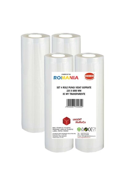 Urgent Horeca Set 4 role pungi vidat gofrate, dimensiuni 220x6000 mm, grosime 85 microni, preparare Sous Vide