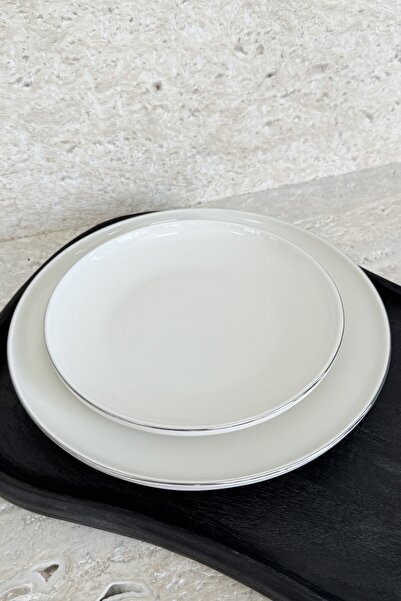 porselenden Modern Krem Platin 24 Parça 6 Kişilik Günlük Porselen Yemek Takımı Parlak Gümüş