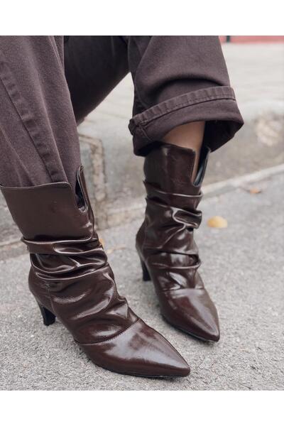 I Love Shoes Corlin Kadın Topuklu Körüklü Bot Acıkahve Kırışık Rugan