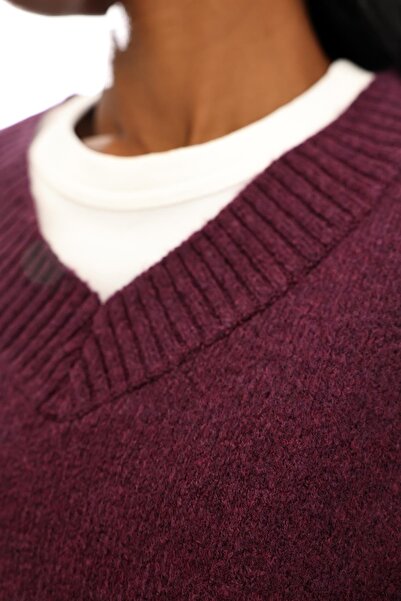 5in1Canpolat Plum Plain Knit V-Neck Sweater 92623