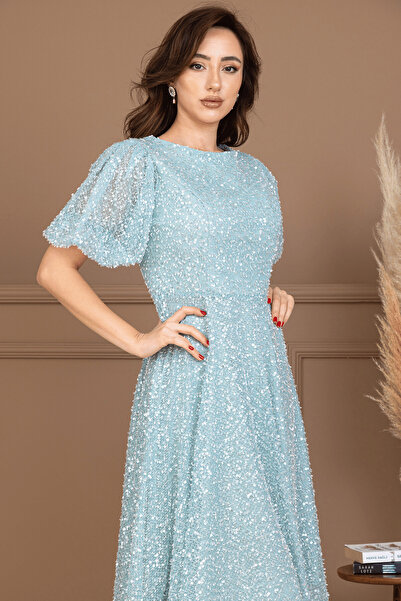 BEYBOS Pul Payet Kumaş Midi Boy Elbise - MİNT YEŞİLİ