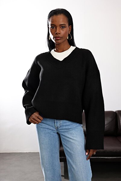 5in1Canpolat Black Plain Knit V-Neck Sweater 92623