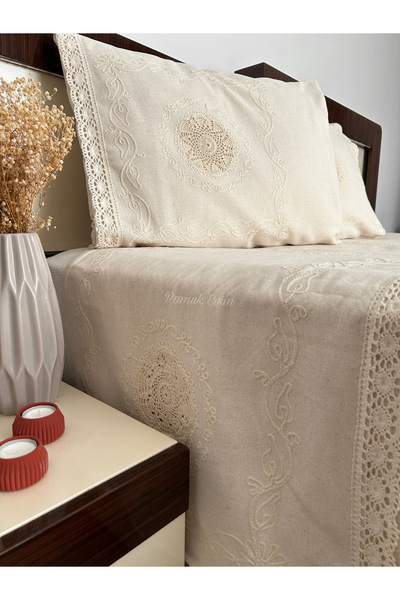 metin tekstil Otantik El Dantel Detay Buldan Pamuklu Pike Takımı