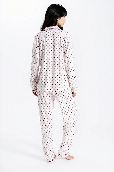 Ecrou Kadın Taş Pari Raporlu Kaşkorse Doku Seoul Uzun Kol Üst Pantolon Pijama Takım