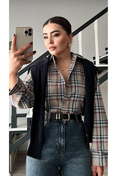 Oslove Beige-Navy Blue Plaid Lumberjack Shirt