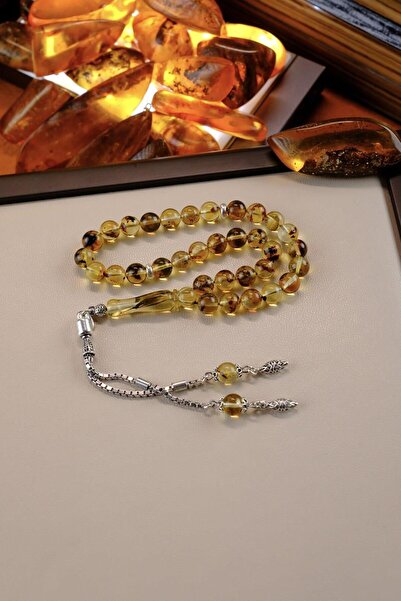 dergah tesbih Intense Earth Fossil Wrist-Length Silver Design Drop Amber Prayer Beads (Amber), (Amber Drop Prayer Beads)