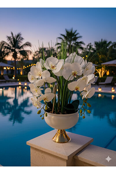 DK Design Asil Beyaz Yapay Orkide Porselen Ve Metal Detaylı Vazo' da