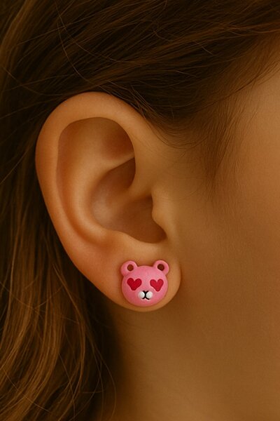 TAKIŞTIR Pink Color Teddy Bear Figured Children's Earrings (Pair)