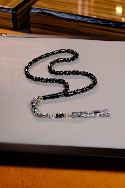 dergah tesbih Silver Inlaid Erzurum Oltu Stone Silver Tassel Design Prayer Beads