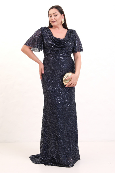 Lafaba Women's Navy Blue Degaje Collar Sequin Plus Size Long Evening Dress