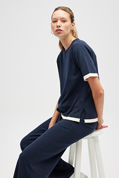 Peraluna Rumi Women's Knitwear Side Slit Cotton Blouse - Navy Blue