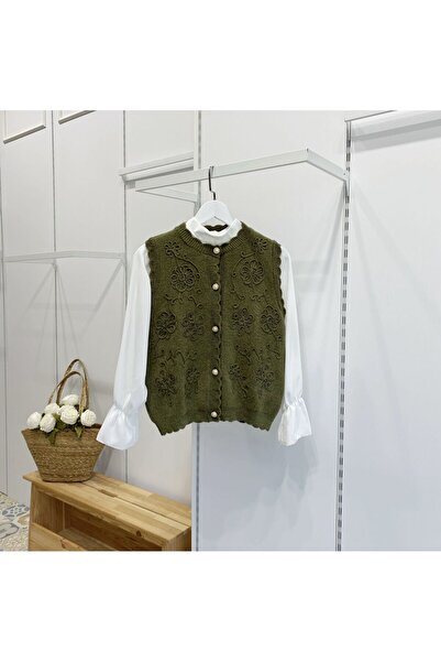 Faya Boutique Haki Yeşili İnci Düğmeli Triko Yelek