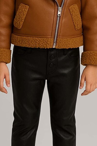 Riccotarz Girl's Brown Jacket with Plush Detail on the Sleeves and Collar Mock Neck Sweater Leather Bottom Top Set