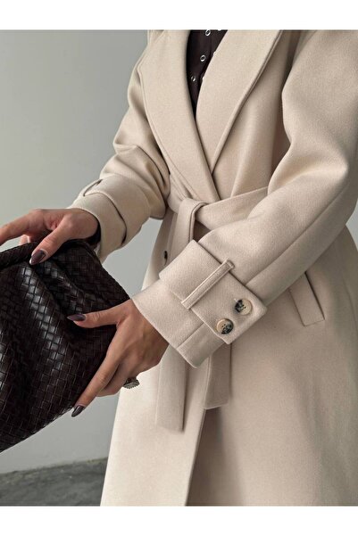 BE CHİC Women's Beige Color Interlining Belted Pocketed Imported Premium Fabric Midi-Length Cardigan Coat G6000