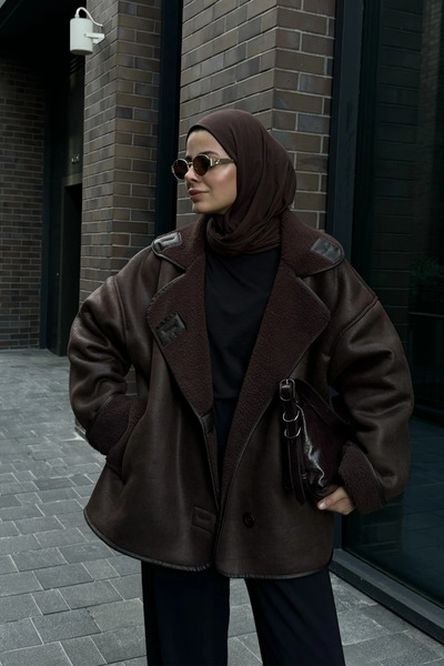 NET OF NOT Else Acı Kahve Dokulu Süet Içi Peluşlu Oversize Zr Model Mont