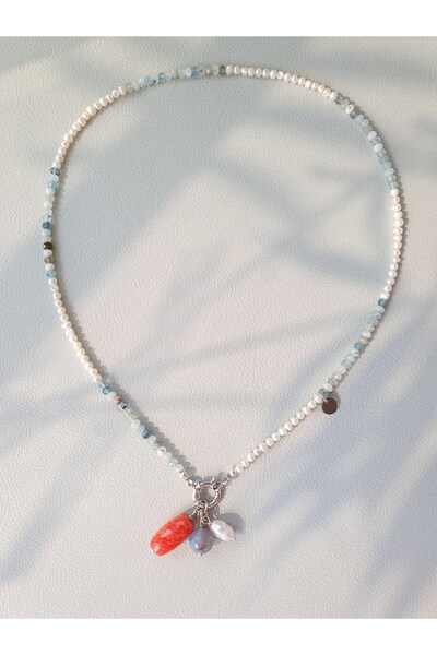 Abundo Colier din perle de cultura si acvamarin cu pandantiv din perla, jad si agat cu argint 925, 54 cm