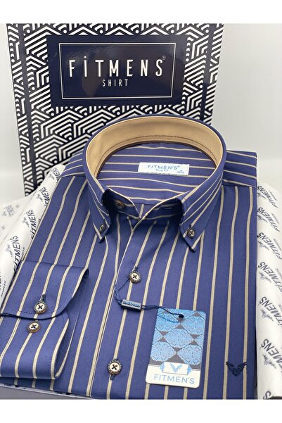 Fitmens Slim Fit Long Sleeve Premium Striped Collar Buttoned Men's Shirt with Gift Box Fs-004335 - Navy Blue Beige