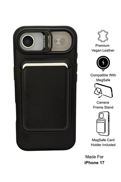 Paladyum Case iPhone 17 Air Uyumlu Premium Siyah Deri Magsafe Cüzdanlı Kartlı...