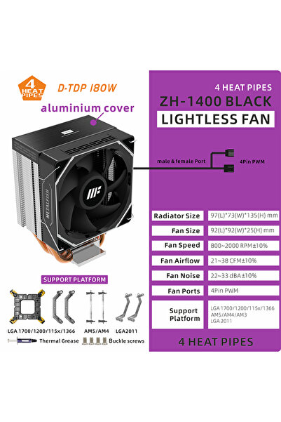 Choice3 As Show As Show ZH-1400 LIGHTLESS B METALFISH ZH1400 CPU Cooler 4 Hea...