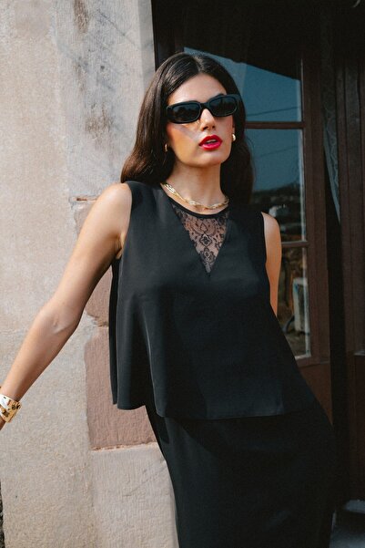 Stylove s422 Elegant dress with double top and lace insert