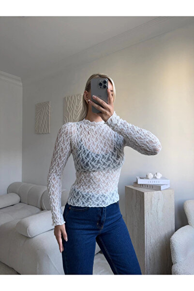 BE CHİC Women's White Transparent Sewing-On Lace Detail Ultra Lightweight Flexible Softtouch Blouse Ge1009