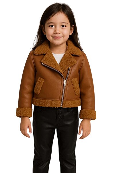 Riccotarz Girl's Brown Jacket with Plush Detail on the Sleeves and Collar Mock Neck Sweater Leather Bottom Top Set