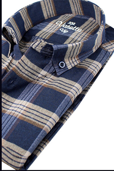 Varetta Plus Size Men's Navy Blue Wool Winter Shirt – Wide Cut Flannel Model with Pockets